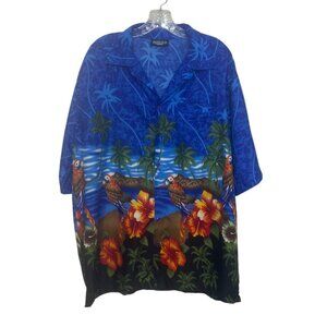 Pacific & Co Hawaiian Shirt Mens Large Blue Palm Parrots Button Front
